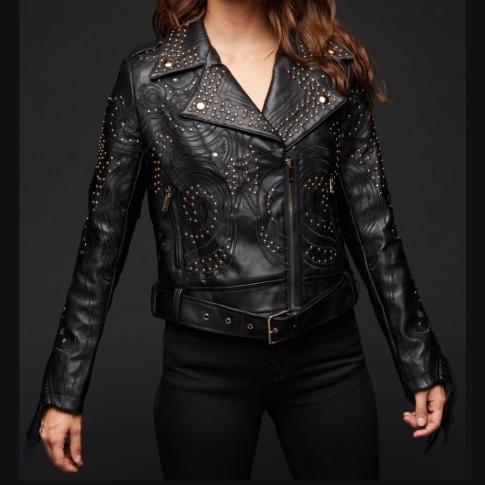 VEGAN LEATHER MOTO JACKET WITH STUDS AND FRINGE